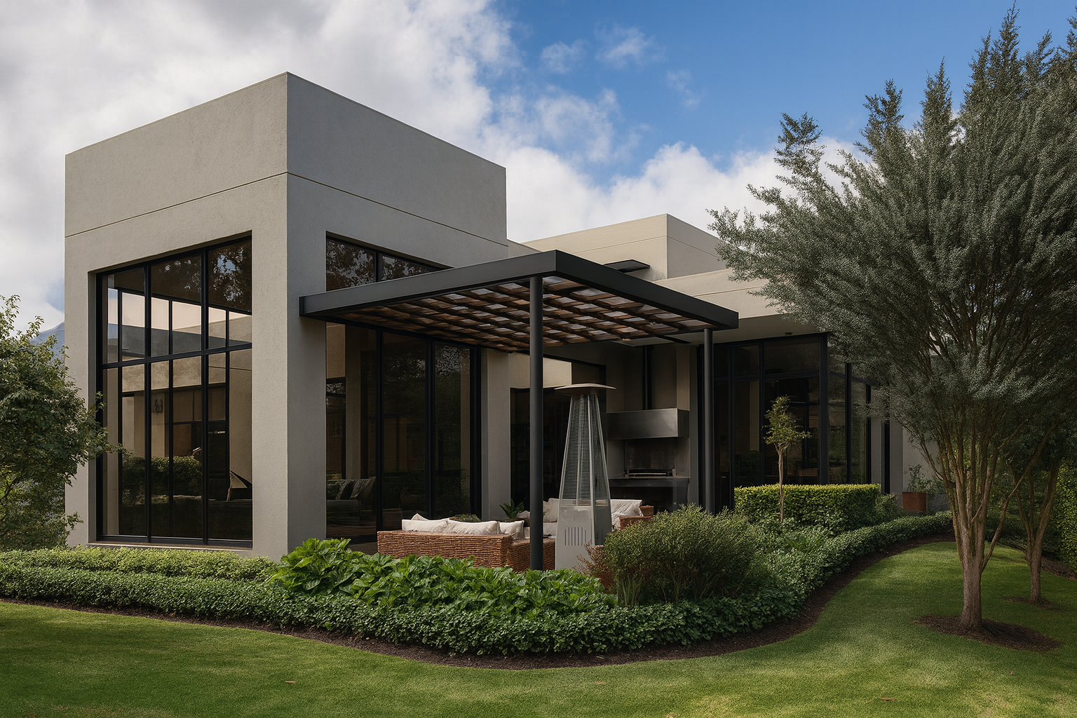 Terraza y volumen residencial